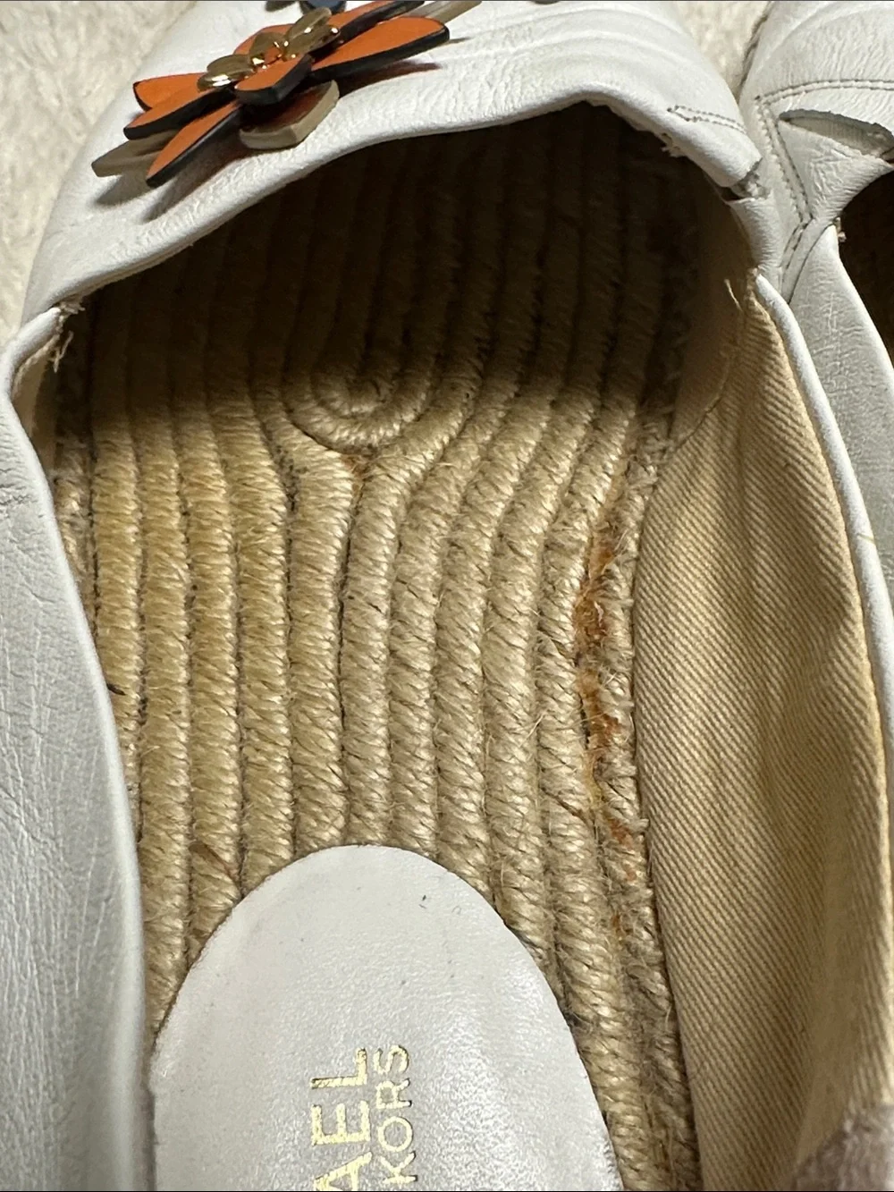 Michael Kors White Leather, Orange w/ Gold Beads Flowers Espadrilles Flats, 8 M